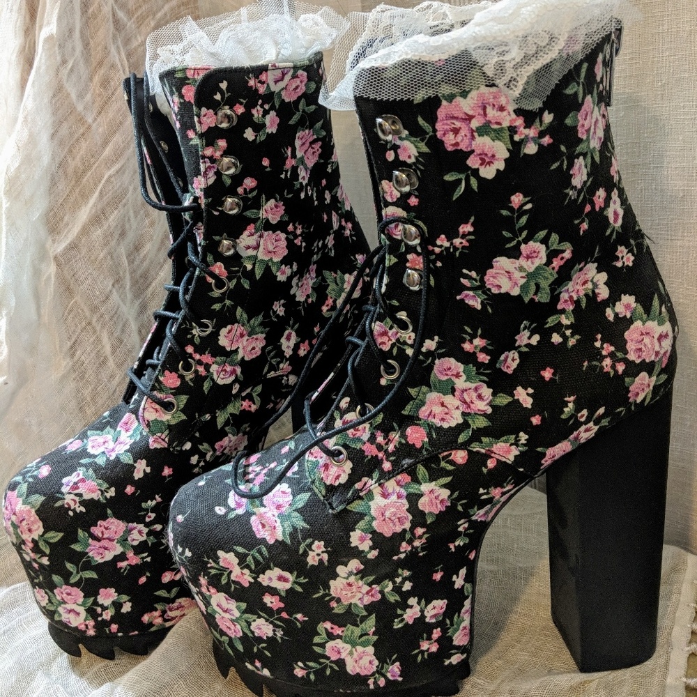 Floral Platform Combat Boots